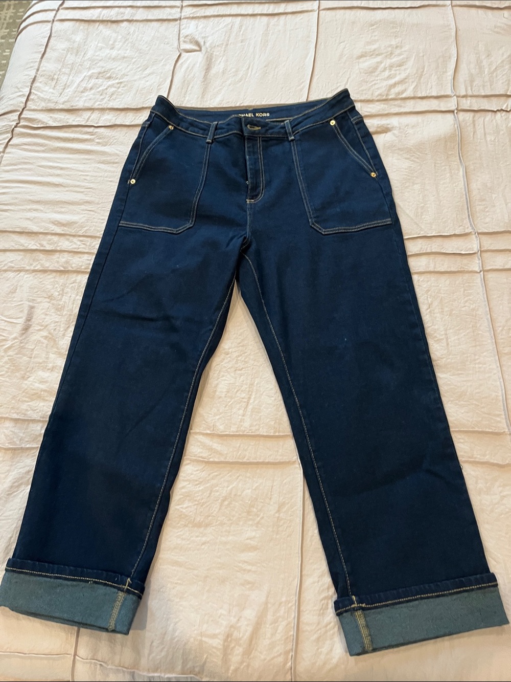 Michael Kors Navy Boyfriend Jeans with Cuffed Hem